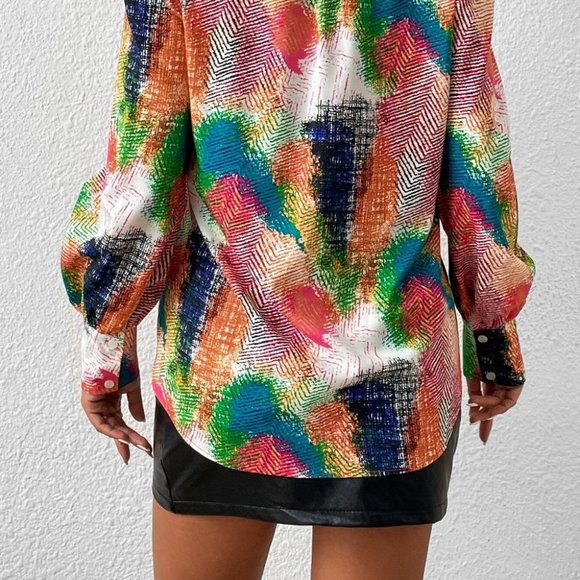 Multicolor contemporary print Tie Neck Lantern Sleeve Blouse - Picture 4 of 6